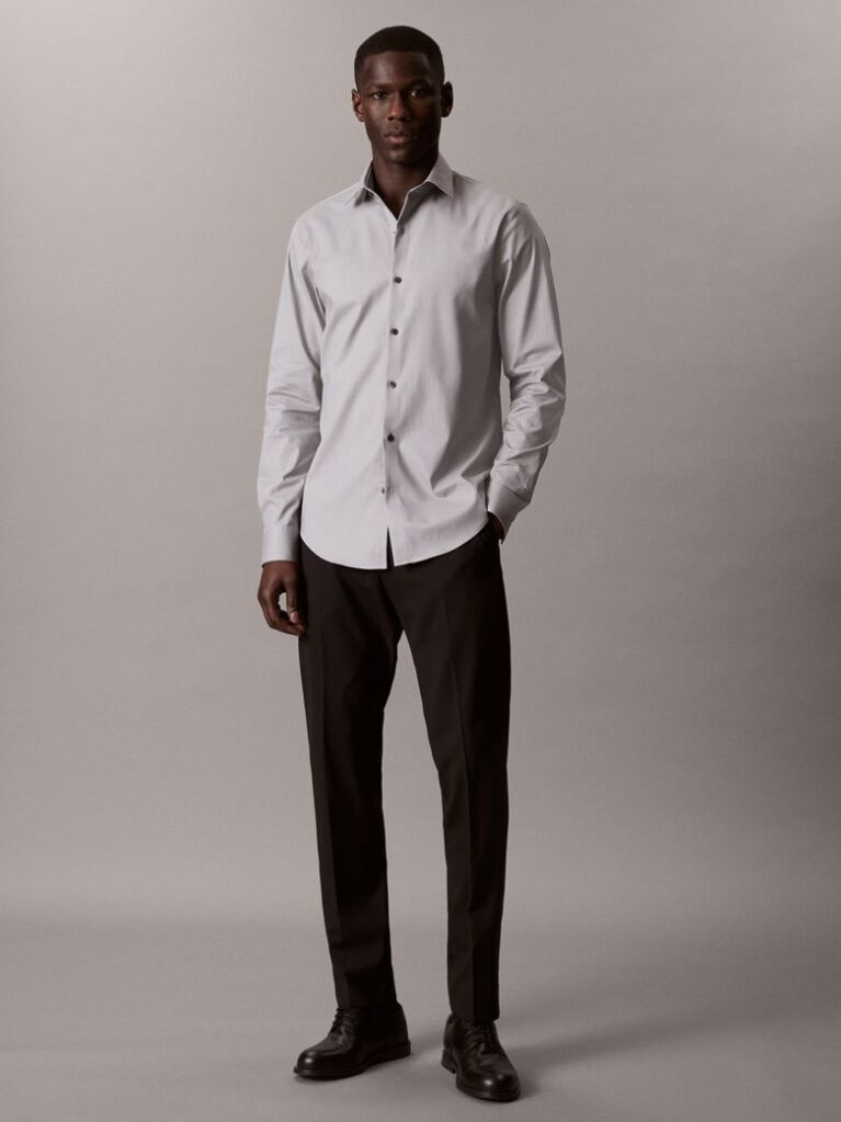 Grey Slim Fit Stretch Twill Shirt  Men