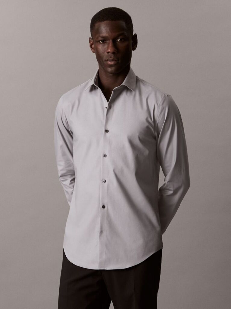 Grey Slim Fit Stretch Twill Shirt  Men