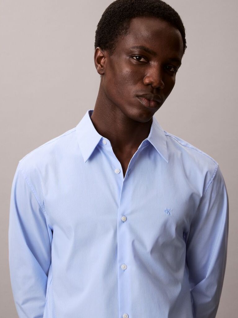 Blue Slim Striped Cotton Stretch Shirt  Men
