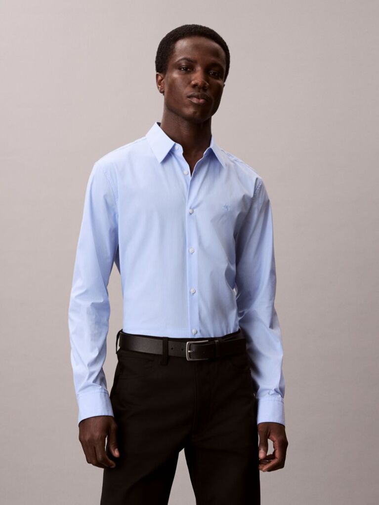 Blue Slim Striped Cotton Stretch Shirt  Men