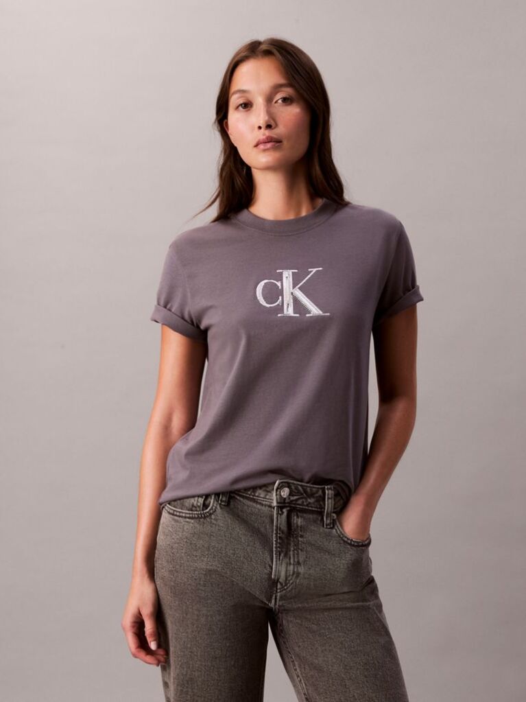Γκρι Κλάσικό T-Shirt Με Μονόγραμμα Και Παγιέτες  Γυναίκα