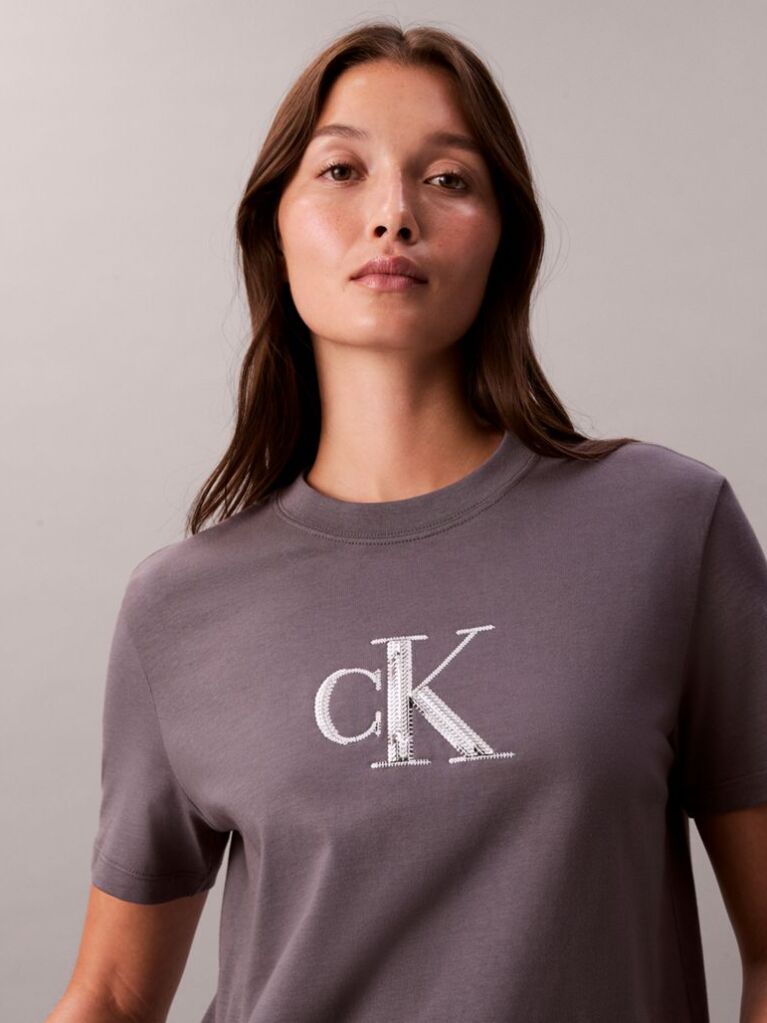 Γκρι Κλάσικό T-Shirt Με Μονόγραμμα Και Παγιέτες  Γυναίκα