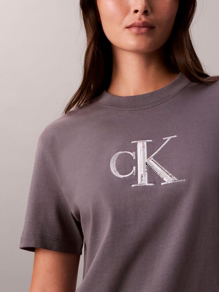 Γκρι Κλάσικό T-Shirt Με Μονόγραμμα Και Παγιέτες  Γυναίκα