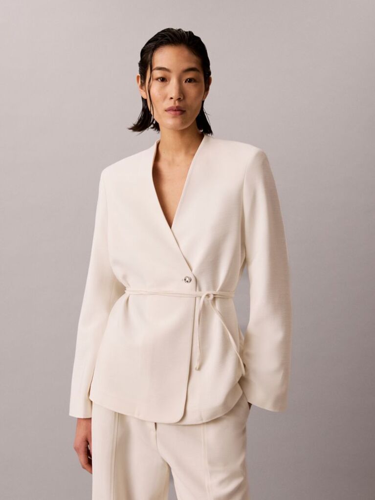 White Textured Shine Blazer  Women