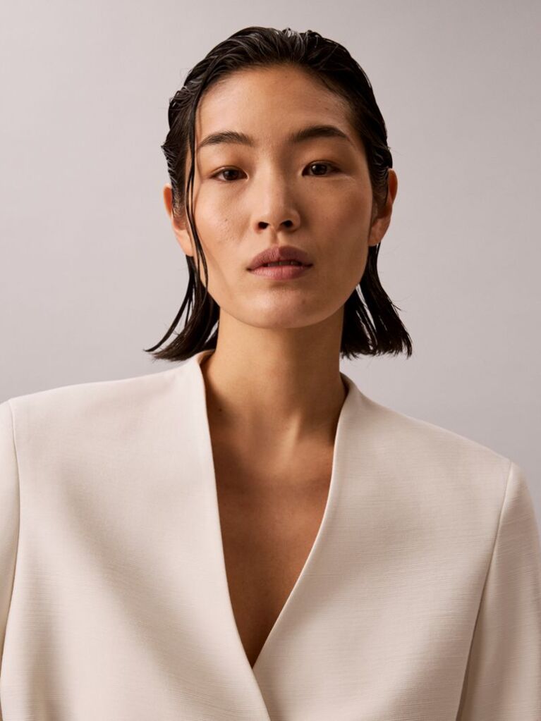White Textured Shine Blazer  Women