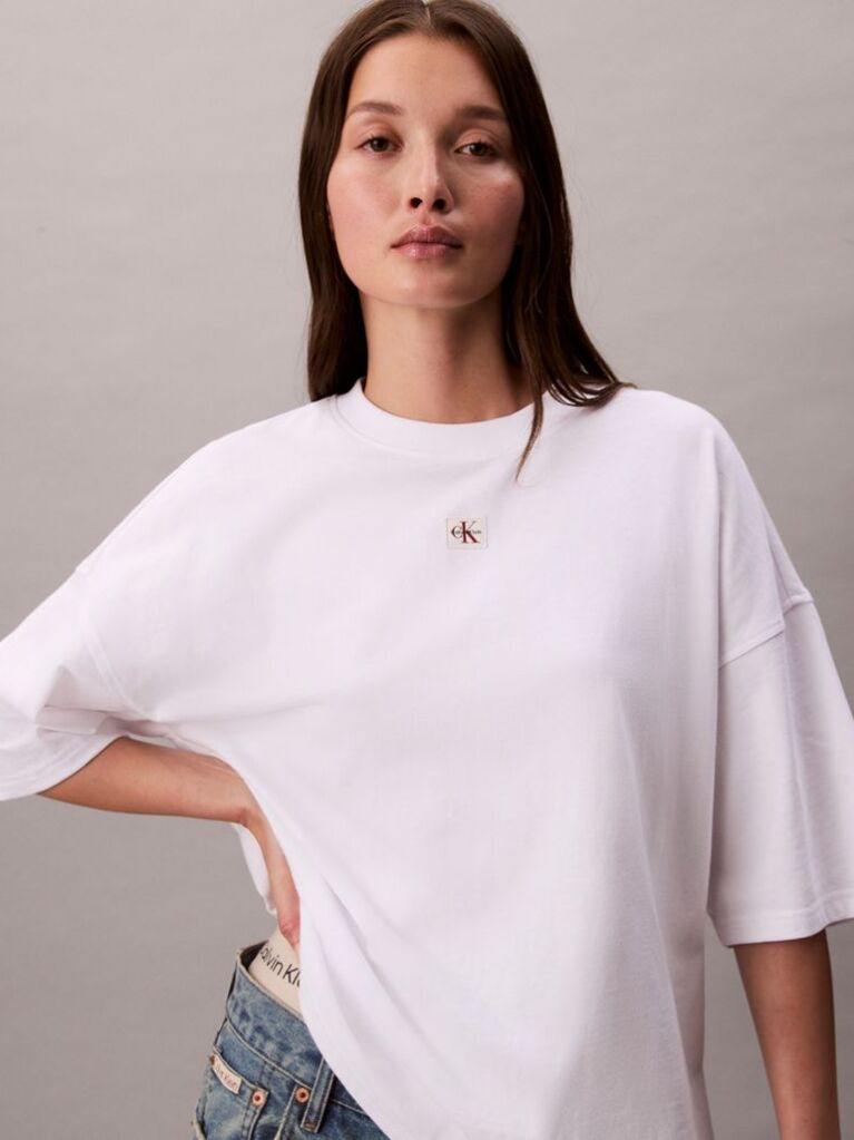 White Short Sleeve Woven Label Oversized T-Shirt  Women