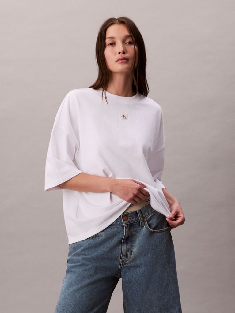 White Short Sleeve Woven Label Oversized T-Shirt  Women