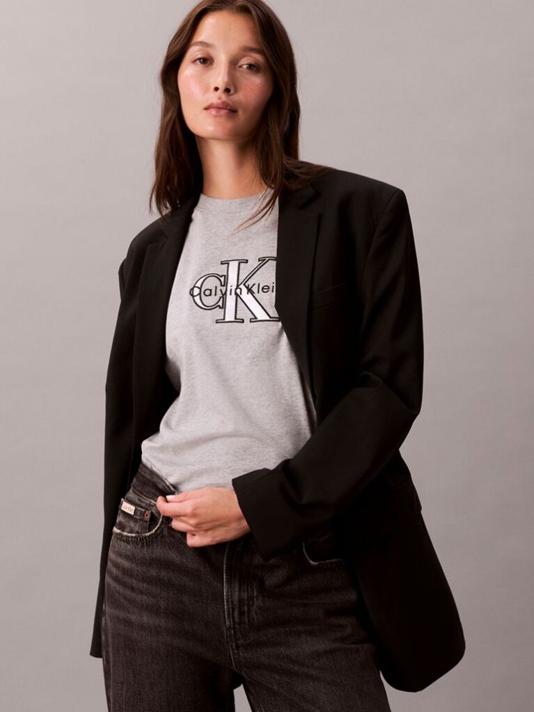 Γκρι Κλασικό T-Shirt Με Γυαλιστερό Μονόγραμμα  Γυναίκα