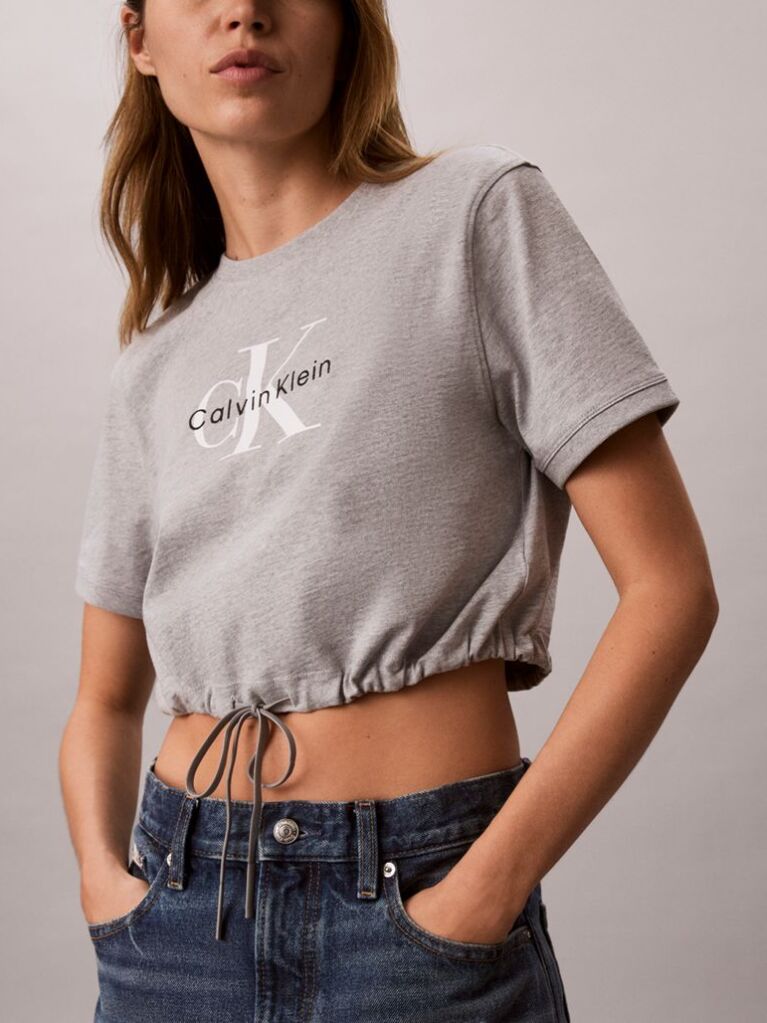 Γκρι Κοντό T-Shirt Με Ρυθμιζόμενο Τελείωμα  Γυναίκα