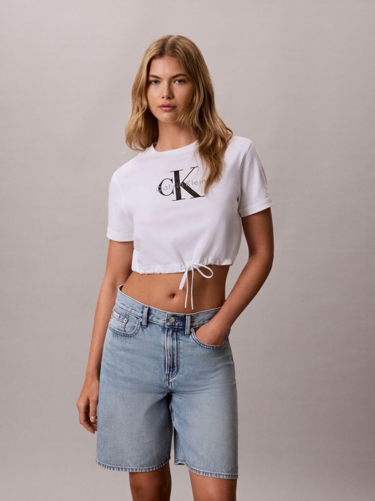 Λευκό Κοντό T-Shirt Με Ρυθμιζόμενο Τελείωμα  Γυναίκα