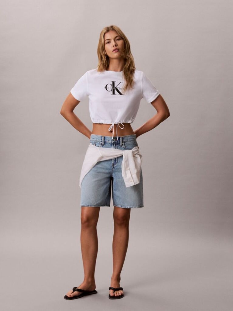 Λευκό Κοντό T-Shirt Με Ρυθμιζόμενο Τελείωμα  Γυναίκα