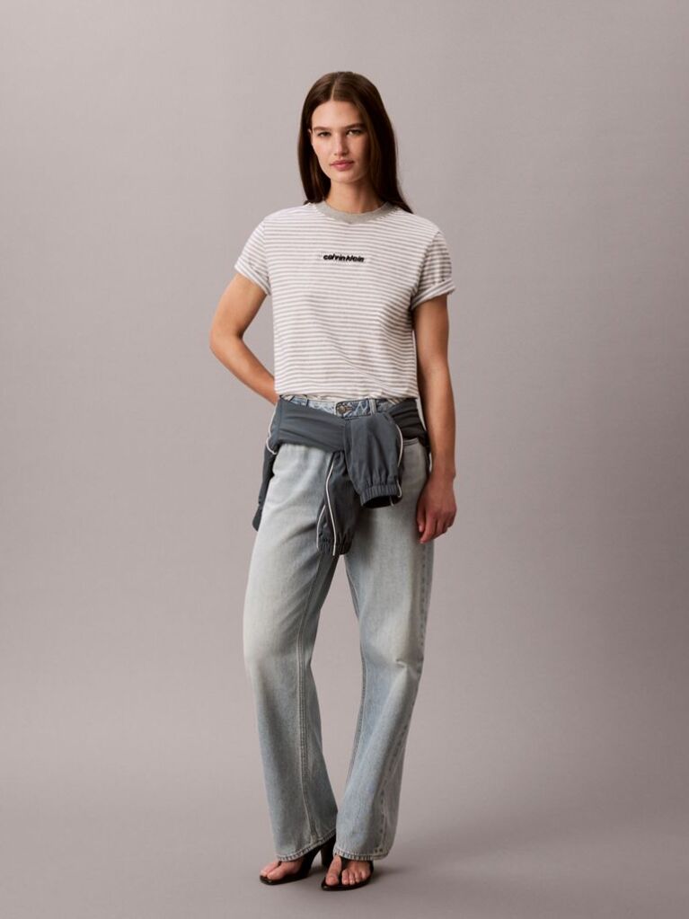 Γκρι T-Shirt Με Ριγέ Λογότυπο Και Στρογγυλή Λαιμόκοψη  Γυναίκα