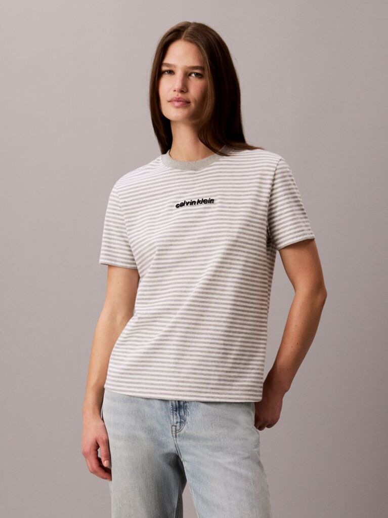 Γκρι T-Shirt Με Ριγέ Λογότυπο Και Στρογγυλή Λαιμόκοψη  Γυναίκα