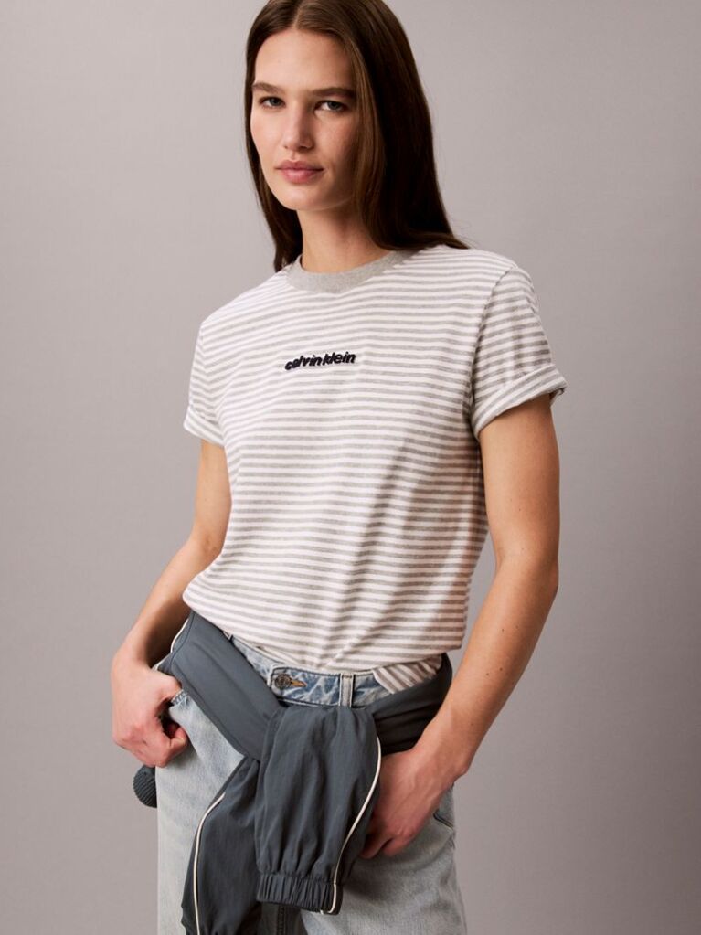 Γκρι T-Shirt Με Ριγέ Λογότυπο Και Στρογγυλή Λαιμόκοψη  Γυναίκα