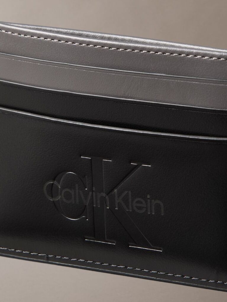 Black Smooth Leather Monologo Card Holder  Men