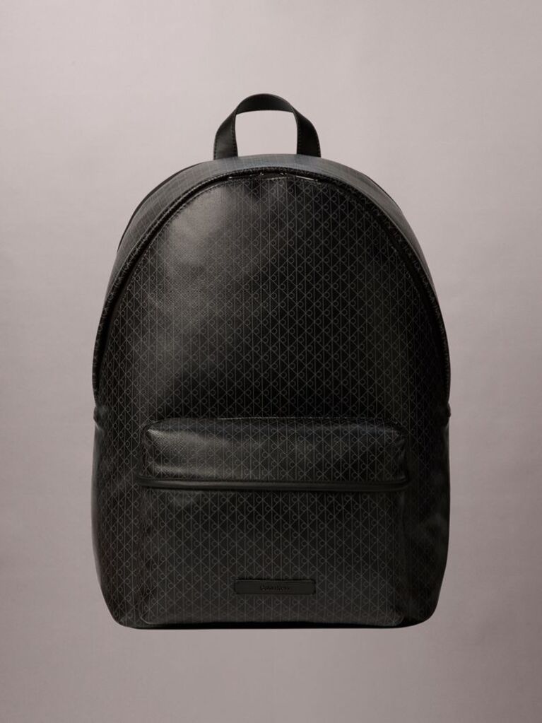 Black Coated Canvas Emblem Logo Backpack  Men