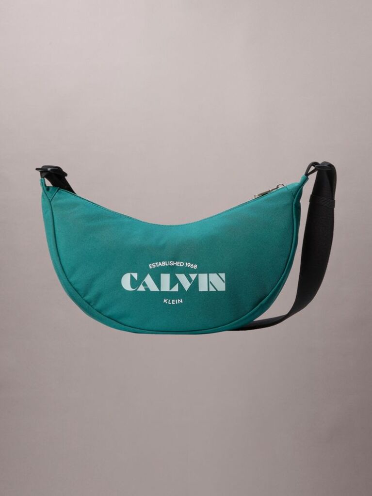 Green Textile Logo Graphic Crossbody Banana Bag  Men