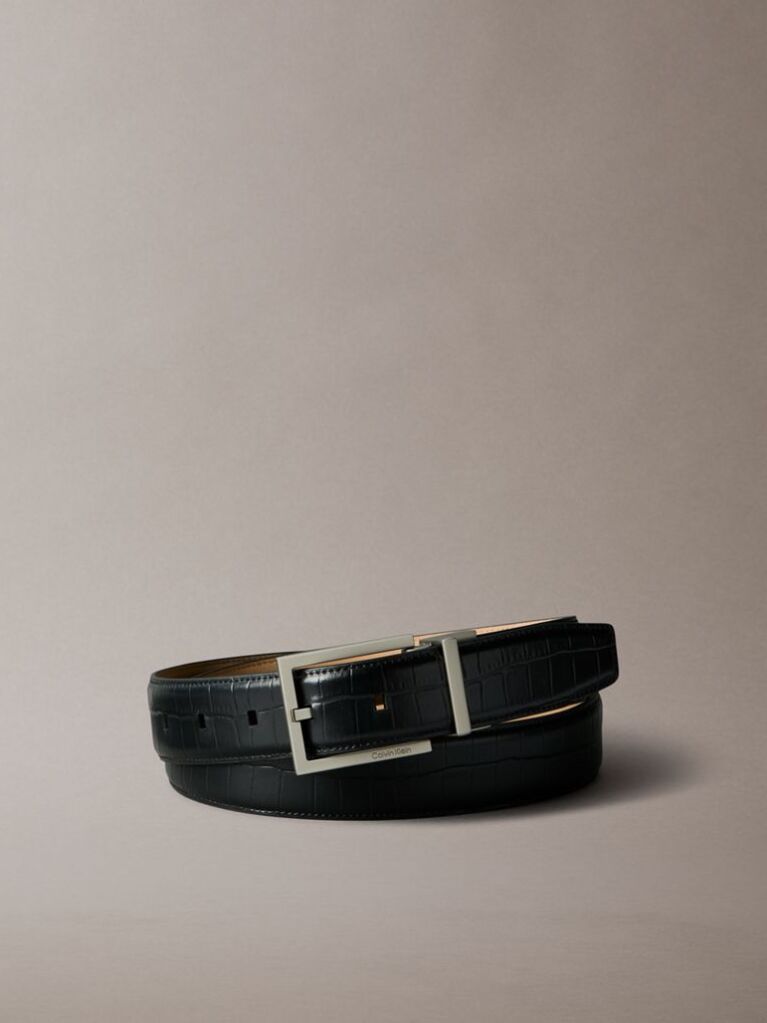 Black Croc Embossed Square Buckle Belt  Men