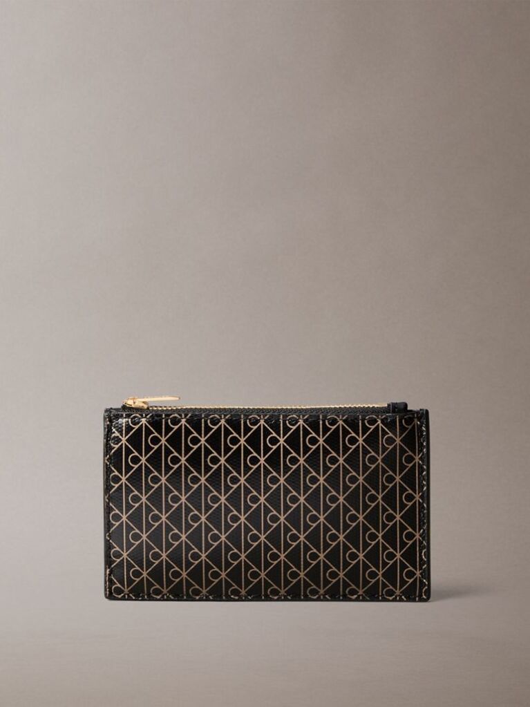 Black Monogram Logo Top Zip Card Holder  Women