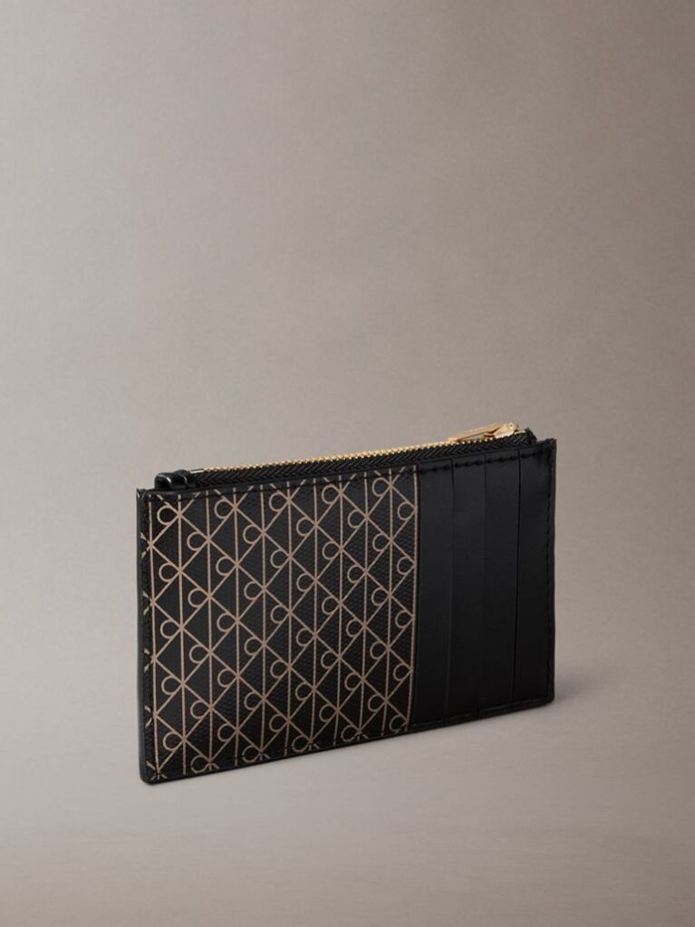 Black Monogram Logo Top Zip Card Holder  Women