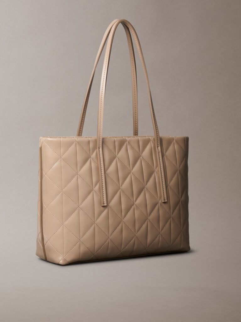 Beige Quilted Emblem Logo Small Tote Bag  Women
