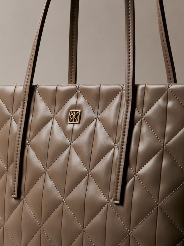 Beige Quilted Emblem Logo Small Tote Bag  Women