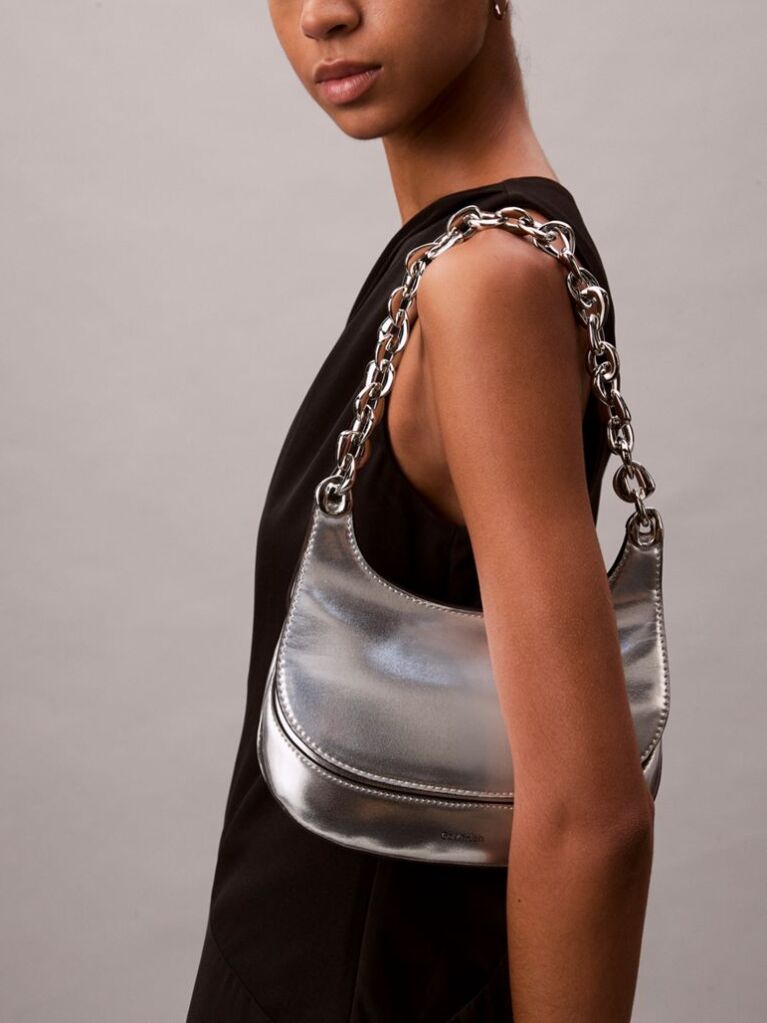 Silver Engraved Linked Chain Metallic Shoulder Bag  Women