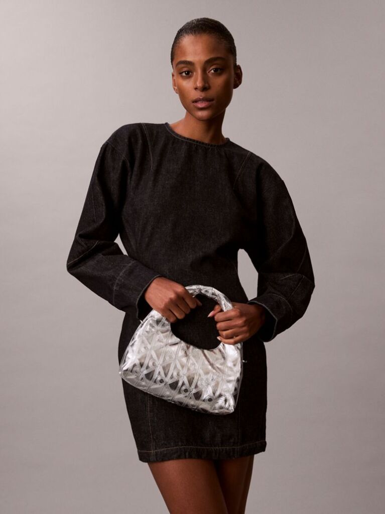 Silver Puffer Emblem Logo Metallic Mini Bag  Women
