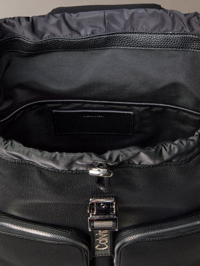 Black Logo Strap Flap Backpack  Women