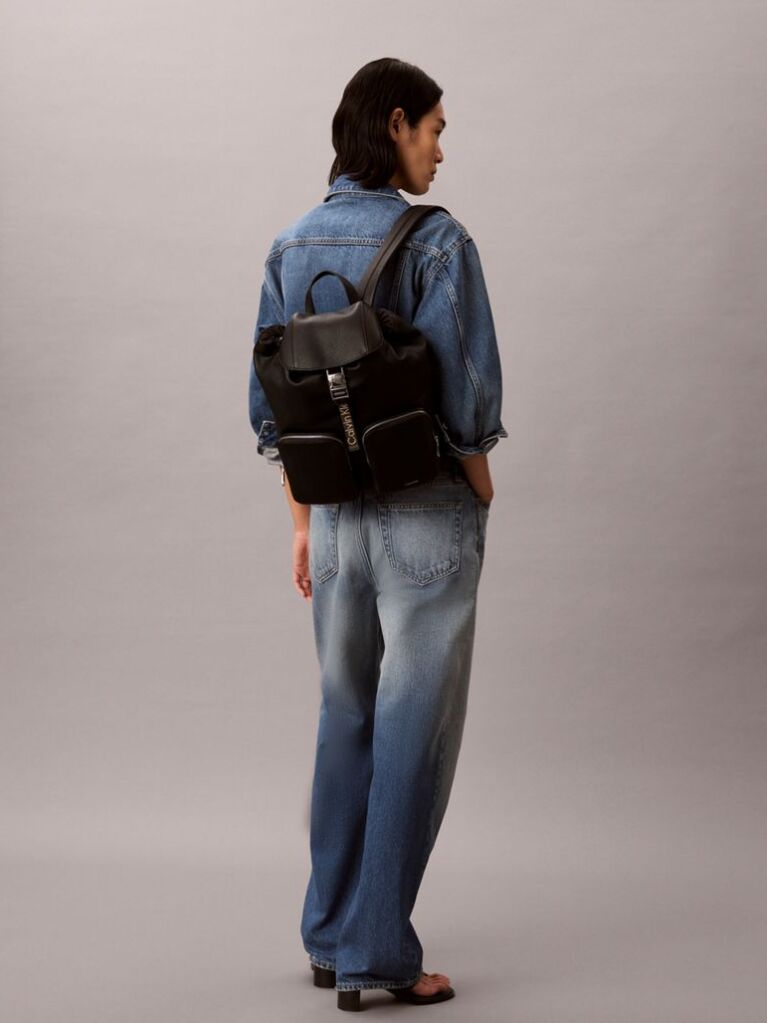 Black Logo Strap Flap Backpack  Women