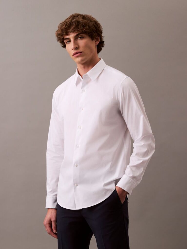 White Long Sleeve Solid Stretch Classic Shirt  Men
