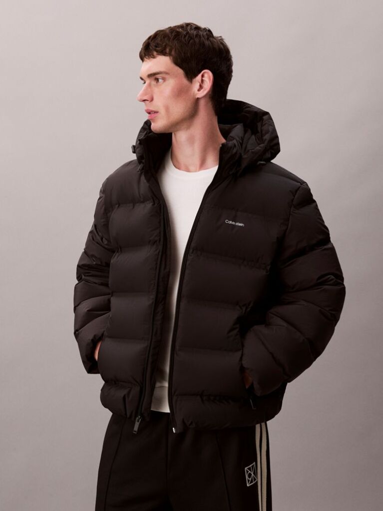 Black Long Sleeve Quilted Bonded Channel Hooded Puffer Jacket  Men