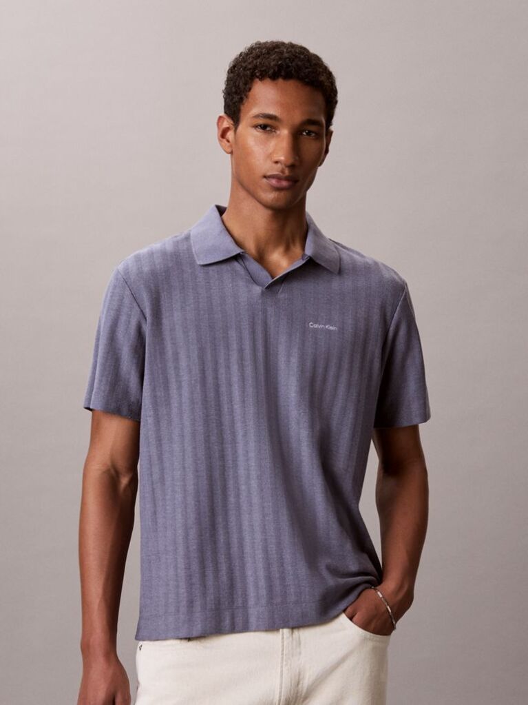 Blue Textured Stripe Polo Shirt  Men