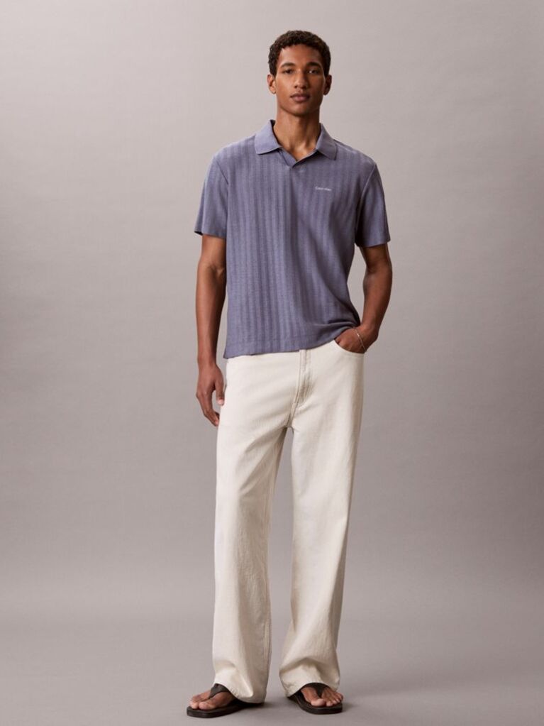 Blue Textured Stripe Polo Shirt  Men
