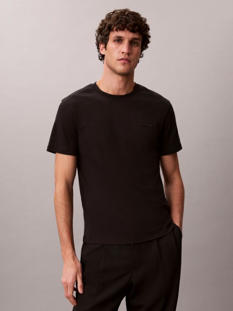 Black Slim Fit Logo Patch Fluid Cotton T-Shirt  Men