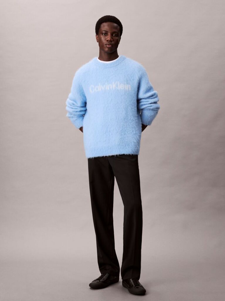 Blue Brushed Alpaca Wool Blend Monogram Logo Sweater  Men