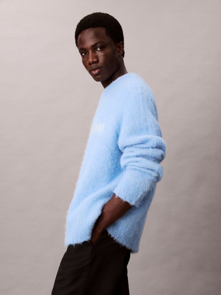 Blue Brushed Alpaca Wool Blend Monogram Logo Sweater  Men