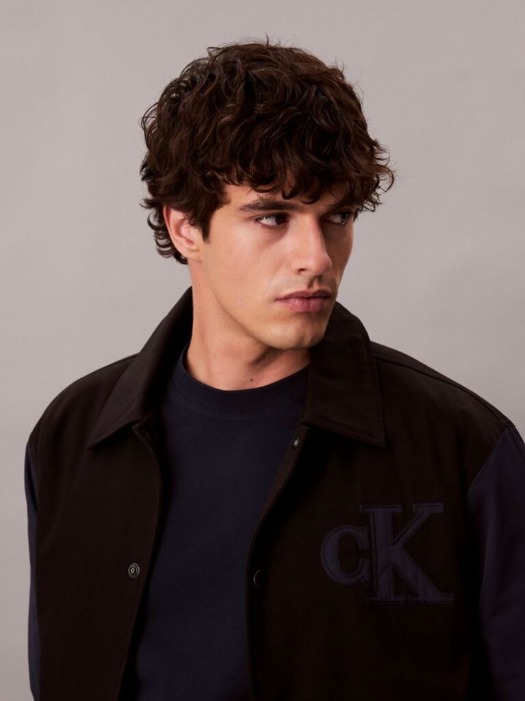 Black Nylon Cotton Varsity Bomber Jacket  Men