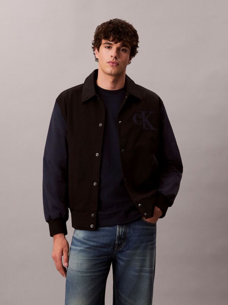 Black Nylon Cotton Varsity Bomber Jacket  Men