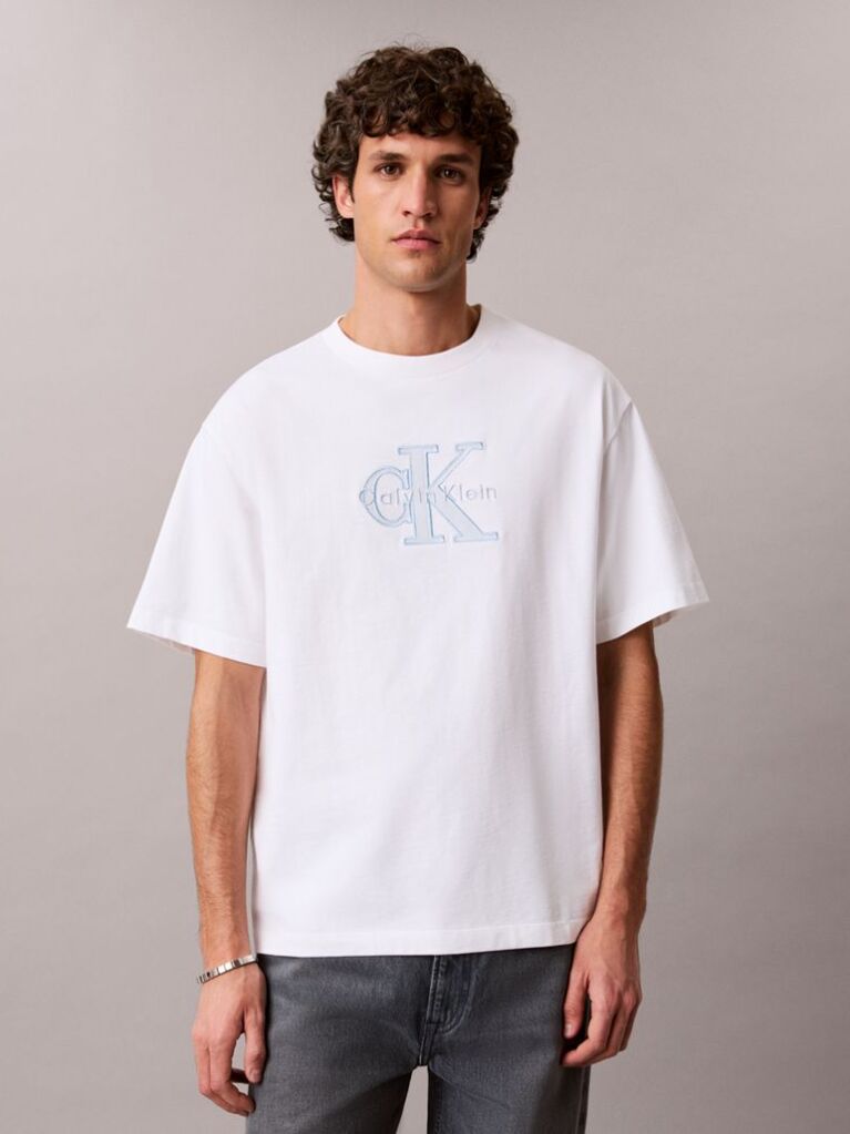 Λευκό T-shirt Με Άνετη Γραμμή Και Λογότυπο Appliqué  Άνδρας