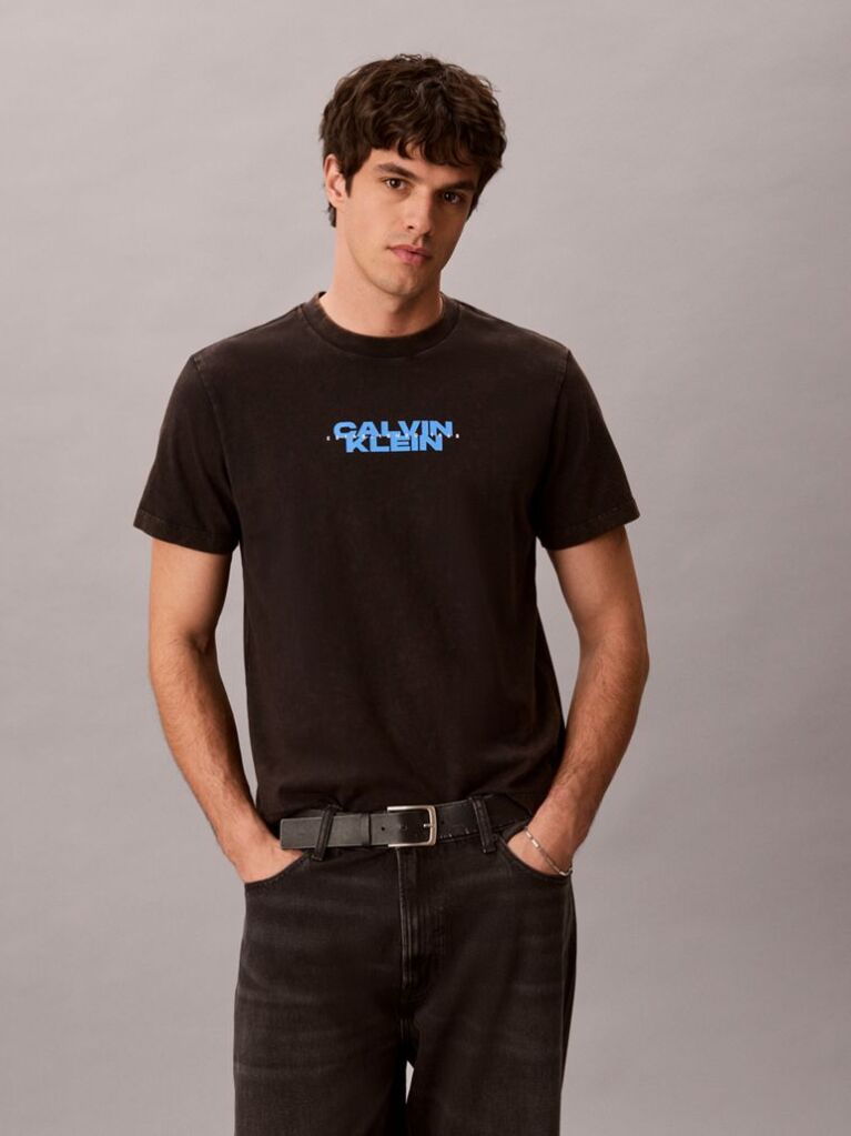Black Logo Graphic Washed Crew Neck T-Shirt  Men