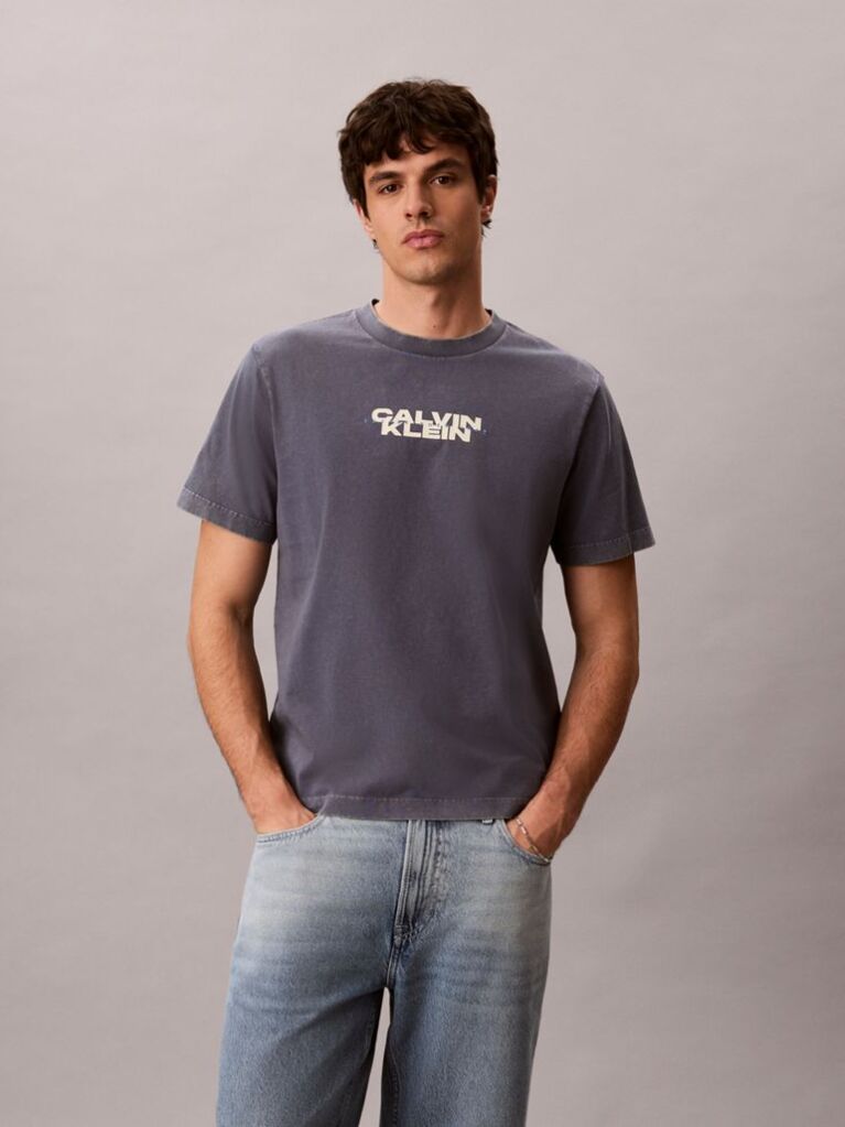 Blue Logo Graphic Washed Crew Neck T-Shirt  Men