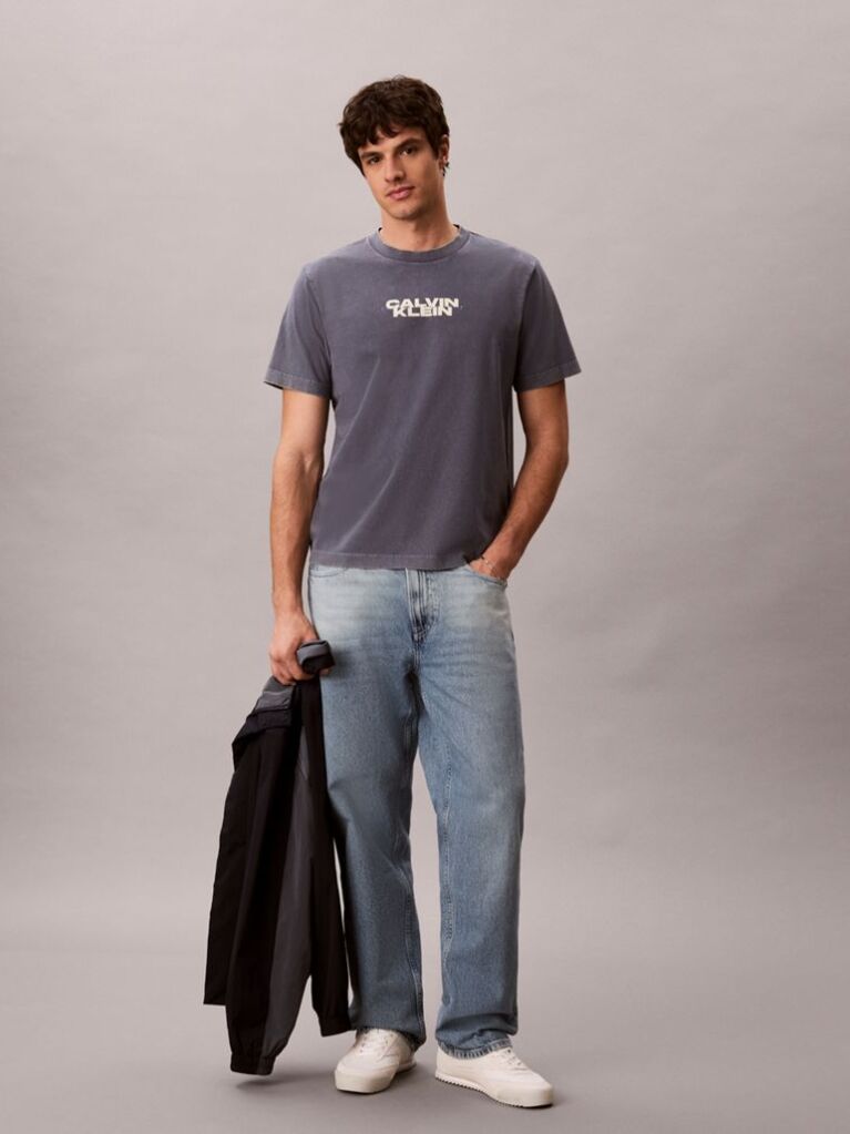 Blue Logo Graphic Washed Crew Neck T-Shirt  Men