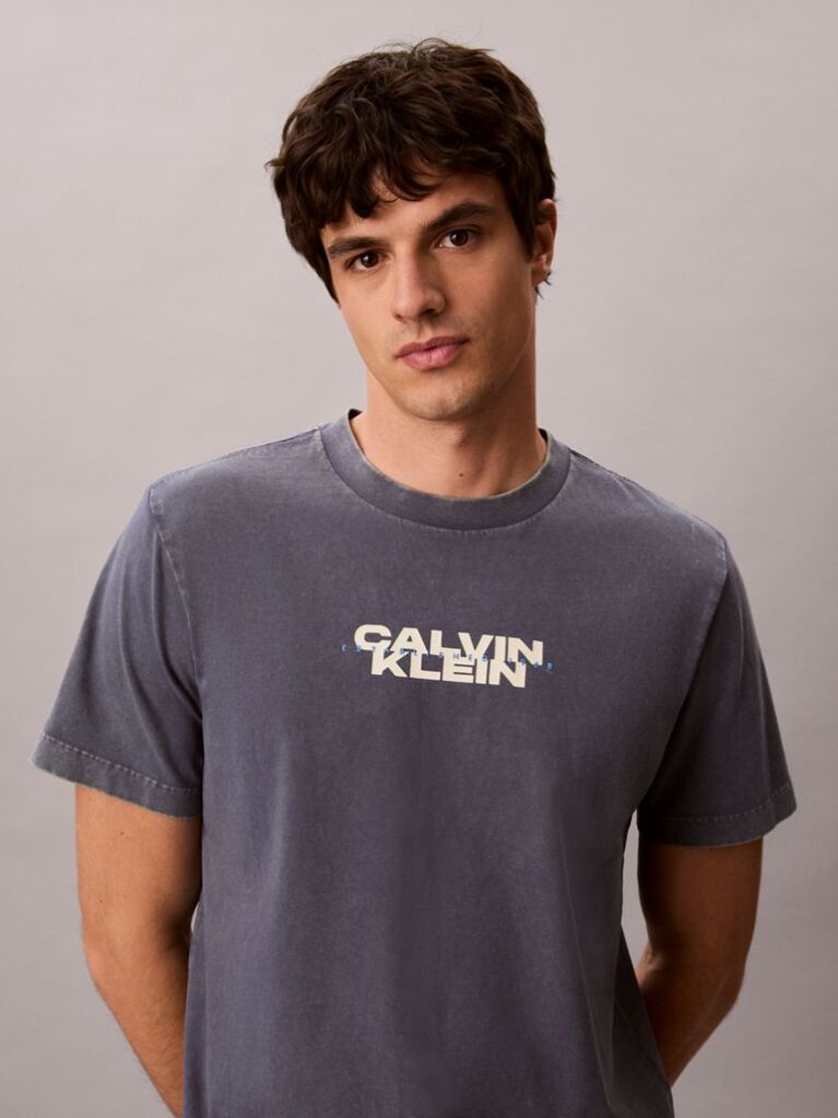 Blue Logo Graphic Washed Crew Neck T-Shirt  Men