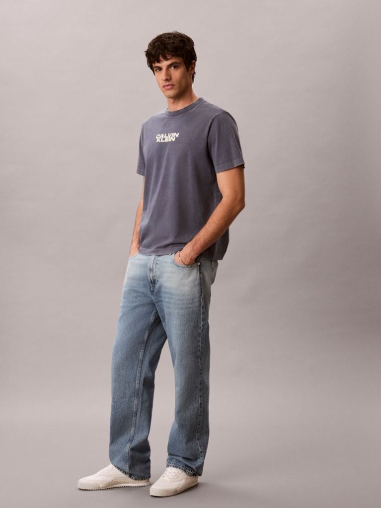 Blue Logo Graphic Washed Crew Neck T-Shirt  Men