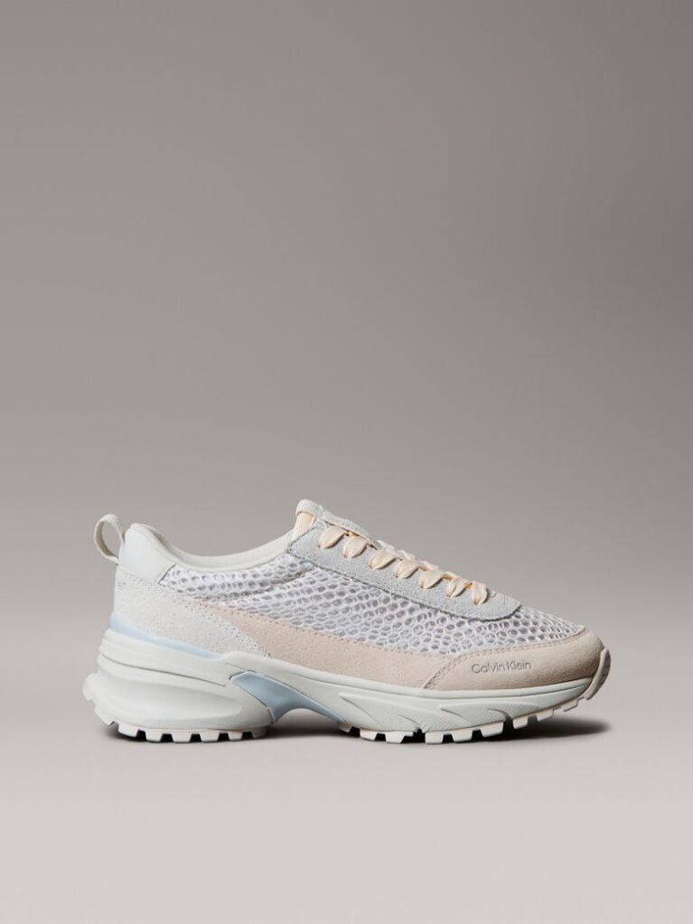White Lace-Up Technical Trainers With Mixed Textures  Women