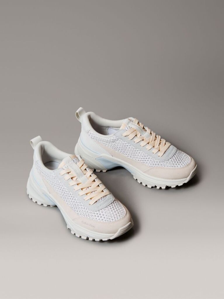 White Lace-Up Technical Trainers With Mixed Textures  Women