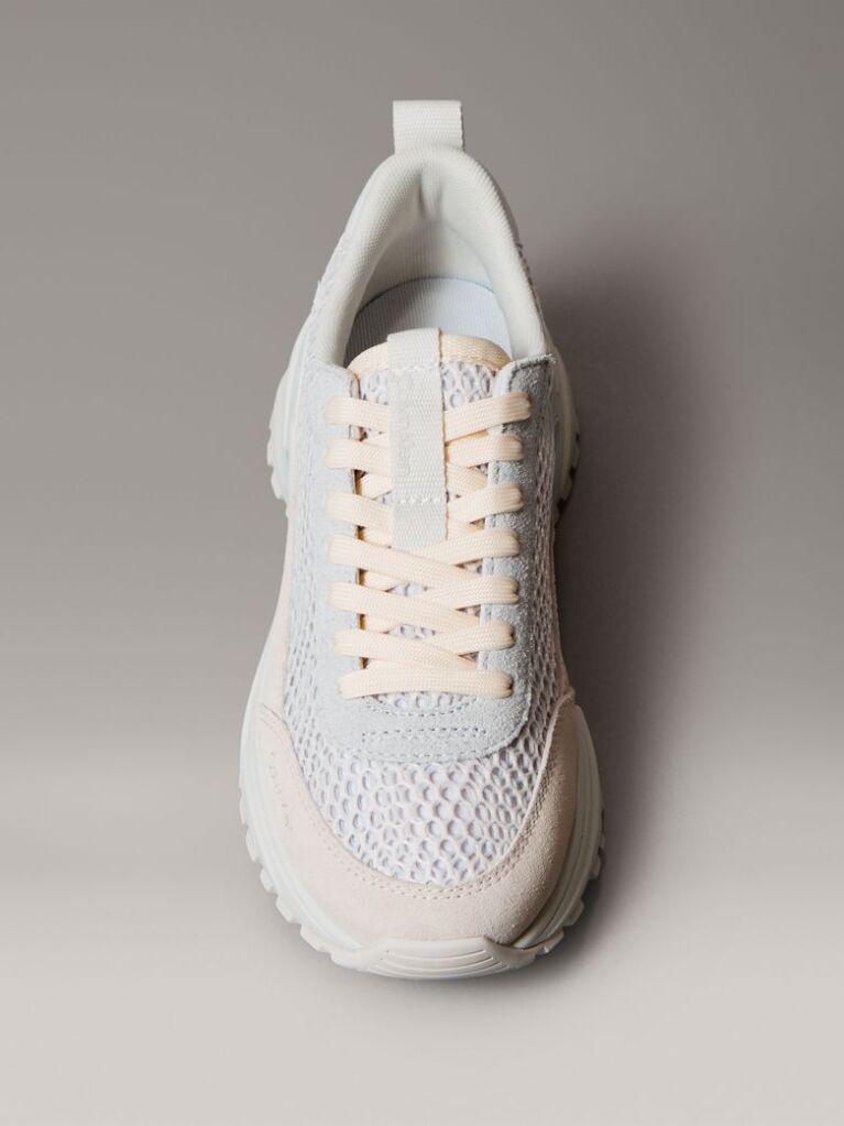 White Lace-Up Technical Trainers With Mixed Textures  Women