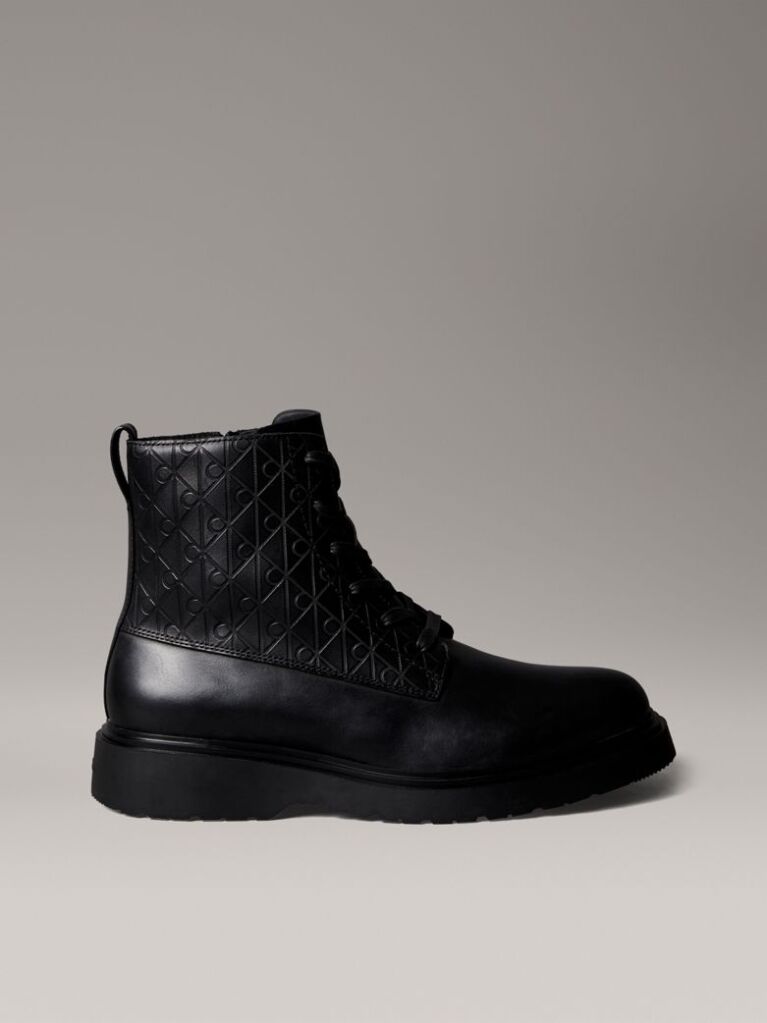 Black Leather Emblem Logo Lace-Up Zip Boots  Men