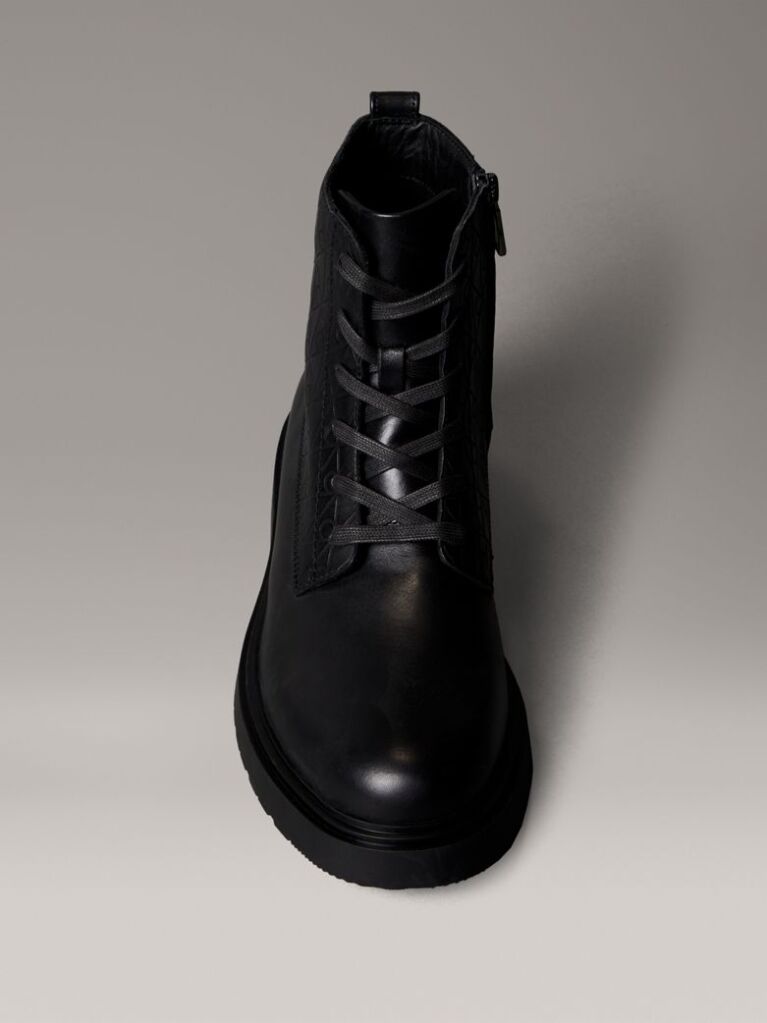Black Leather Emblem Logo Lace-Up Zip Boots  Men
